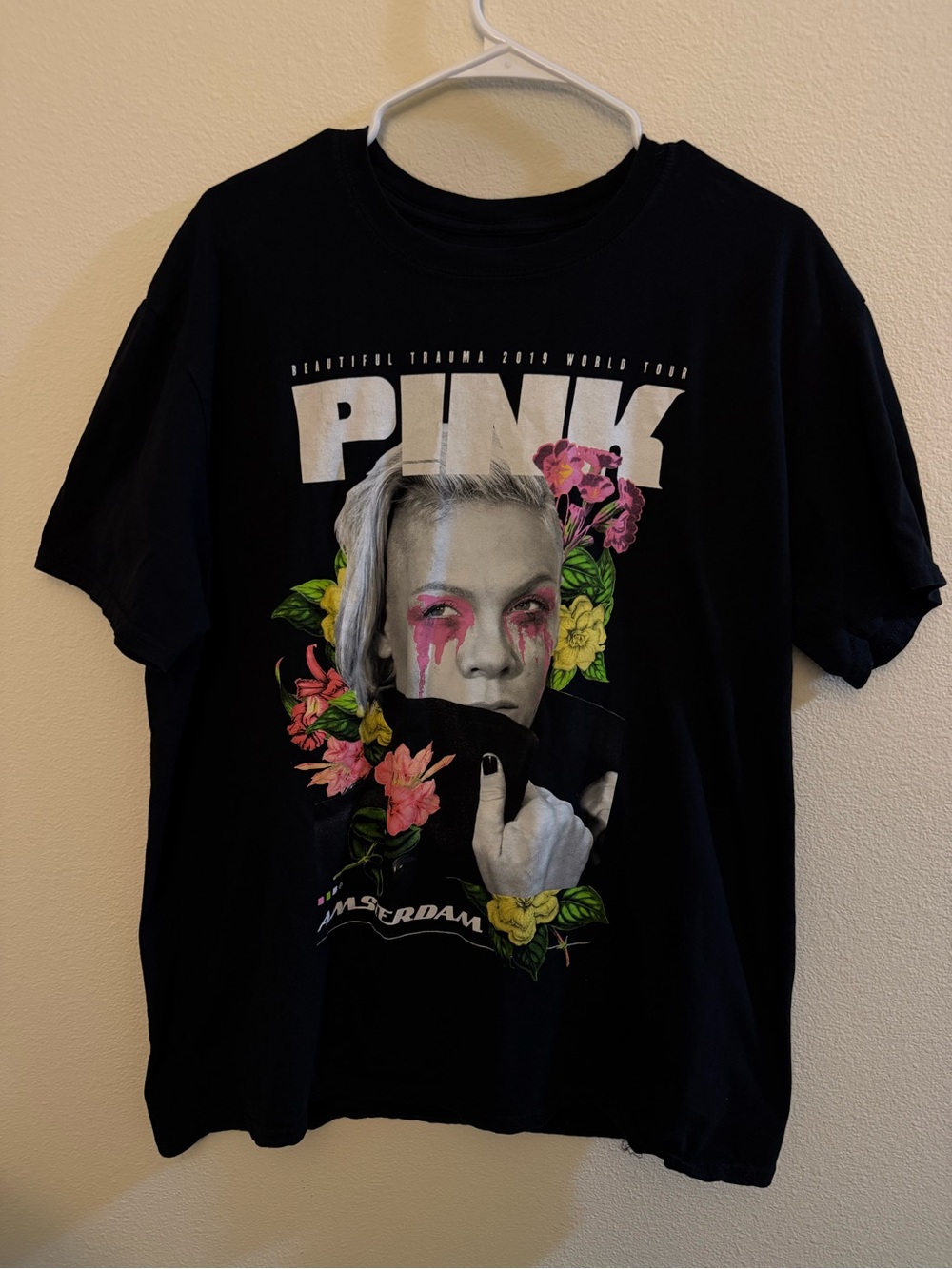 P!nk Black Graphic Tee with Floral Portrait
